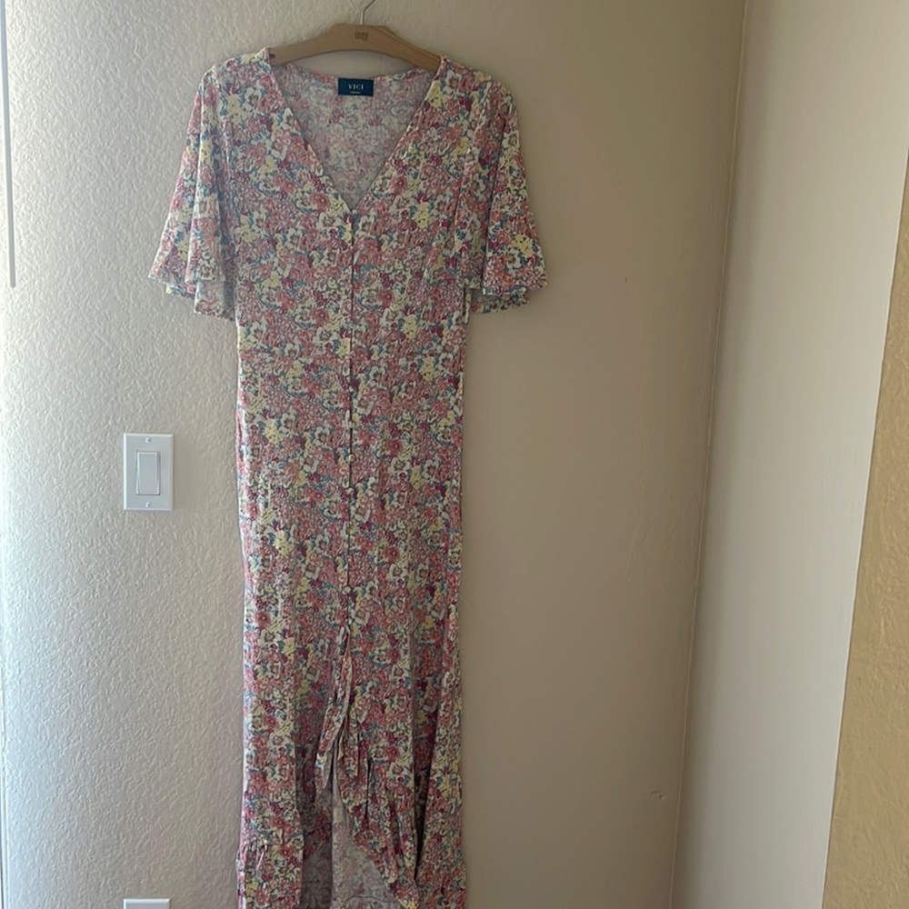 High Low Short Sleeve Button Up Maxi Dress